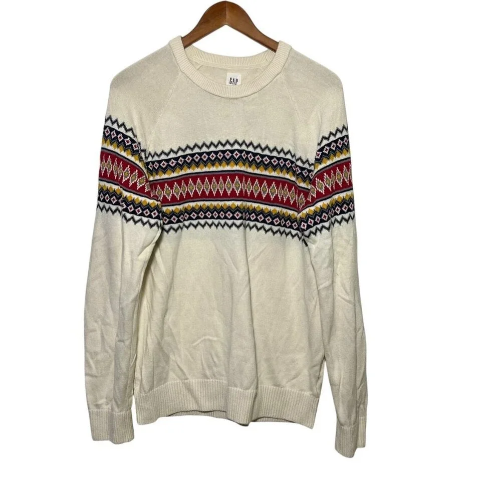 Gap Mens Fair Isle Crewneck Knit Sweater Cream Red Navy Preppy Teacher Large